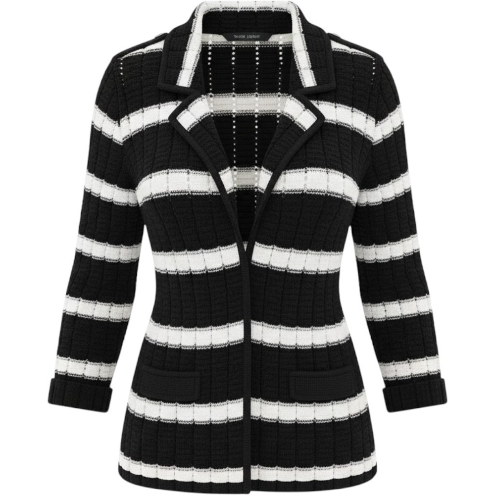 White House Black Market Striped Knit Blazer Cardigan Black White striped Large